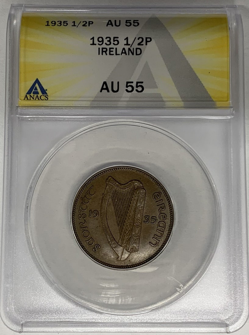Ireland 1935 Half Penny Copper Coin Graded AU 55 by ANACS: Ireland 1935 Half Penny Copper Coin Graded AU 55 by ANACS This 1935 Ireland Half Penny coin is composed of copper and has been graded AU 55 by ANACS. It is a certified collectible in pre-owned conditi
