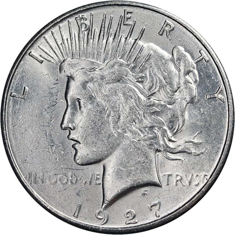 1927 San Francisco Peace Silver Dollar AU to BU Grade Uncertified: 1927 San Francisco Peace Silver Dollar AU to BU Grade Uncertified This 1927-S Peace Dollar features attractive luster, good strike, and bright white surfaces. The coin is graded Choice AU/BU, displayi
