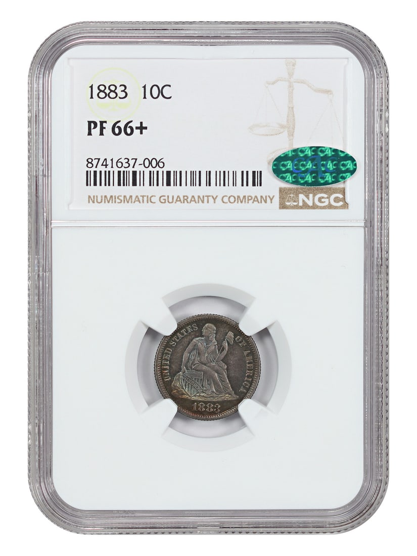 Proof 1883 Liberty Seated Dime NGC CAC PR66 Plus Certified: Proof 1883 Liberty Seated Dime NGC CAC PR66 Plus Certified This 1883 Liberty Seated Dime is an uncirculated proof coin certified by NGC and verified by CAC with a high grade of PR66+. Struck at the Ph