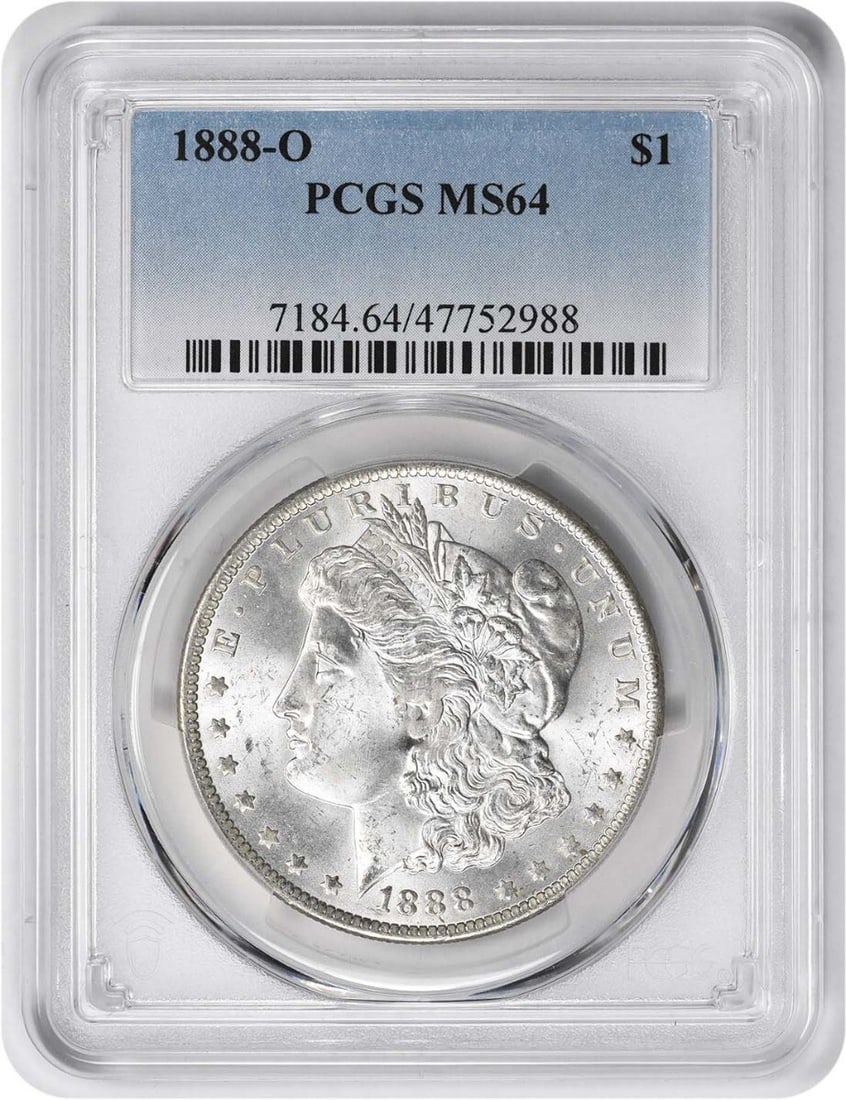 1888-O Morgan Silver Dollar MS64 PCGS Uncirculated Coin: 1888-O Morgan Silver Dollar MS64 PCGS Uncirculated Coin This 1888-O Morgan Silver Dollar, graded MS64 by PCGS, is a stunning example of American coinage. Struck in 90% silver and 10% copper, this unci