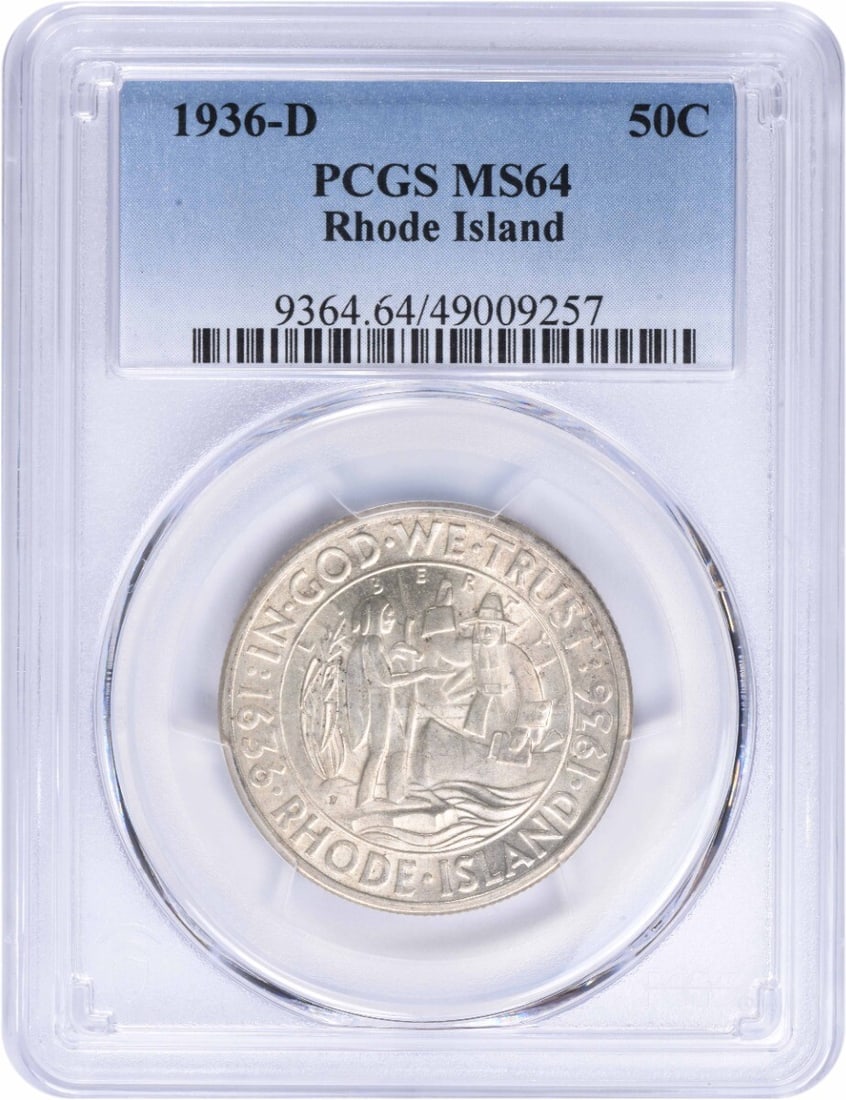 1936-D Rhode Island Commemorative Silver Half Dollar MS64 PCGS: 1936-D Rhode Island Commemorative Silver Half Dollar MS64 PCGS This 1936-D Rhode Island Commemorative Silver Half Dollar is a stunning example of numismatic artistry, certified by PCGS with a grade of