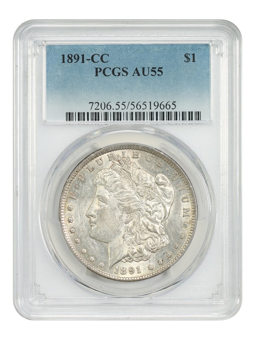 PCGS AU55 1891 Carson City Morgan Silver Dollar Key Date: PCGS AU55 1891 Carson City Morgan Silver Dollar Key Date This is an 1891-CC Morgan Dollar, certified by PCGS with a grade of AU55. Minted in Carson City, this pre-owned coin is a circulated example fr