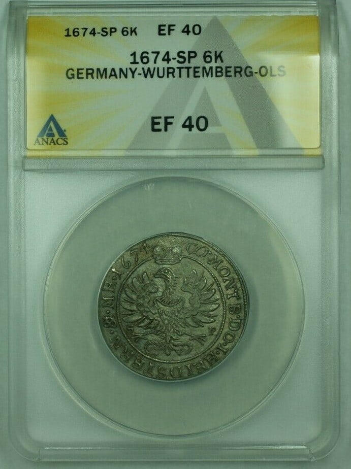 ANACS EF-40 1674 Wurttemberg 6k Kreuzer German Coin (1 of 2)