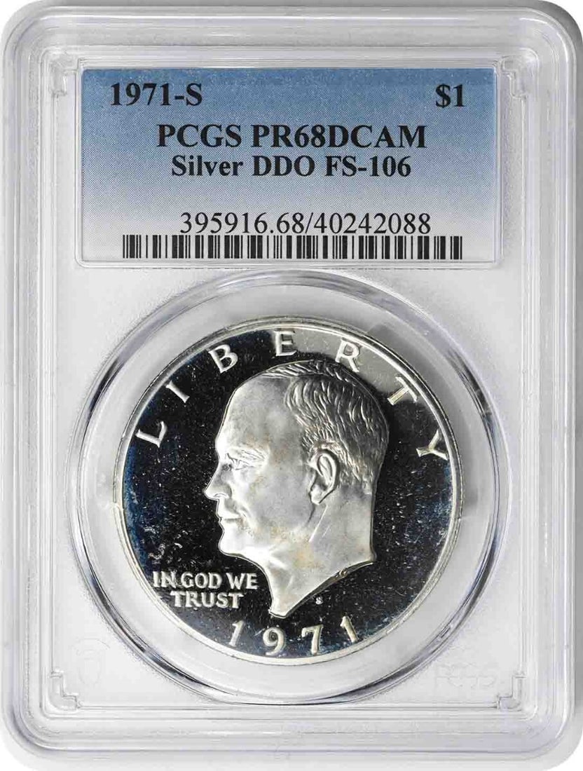 PCGS PR68DCAM Eisenhower Dollar 1971-S Silver DDO FS-106 Proof: PCGS PR68DCAM Eisenhower Dollar 1971-S Silver DDO FS-106 Proof This is a 1971-S Eisenhower Dollar featuring the DDO FS-106 variety, graded PR68 Deep Cameo by PCGS. The coin is uncirculated and was str