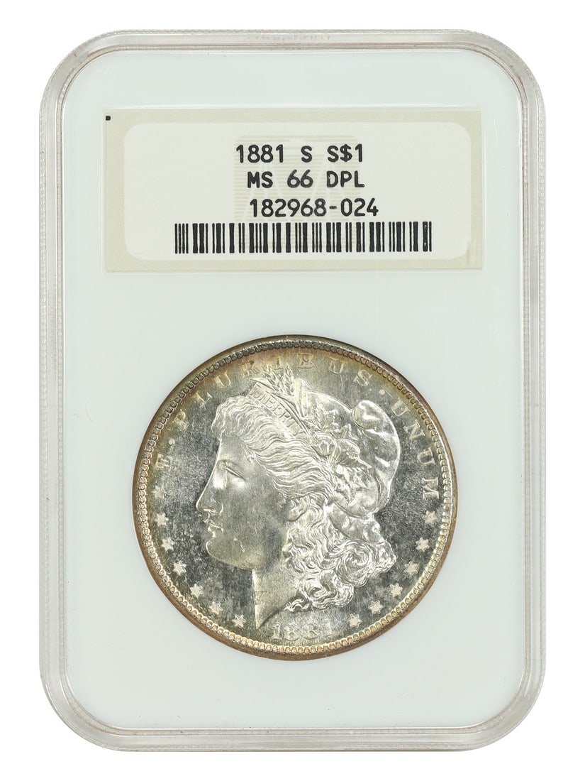 NGC MS66DMPL 1881 San Francisco Morgan Dollar with Deep Mirror Fields: NGC MS66DMPL 1881 San Francisco Morgan Dollar with Deep Mirror Fields This 1881-S Morgan Dollar features the Deep Mirror Prooflike (DMPL) designation and is graded MS66 by NGC. Struck in San Francisco