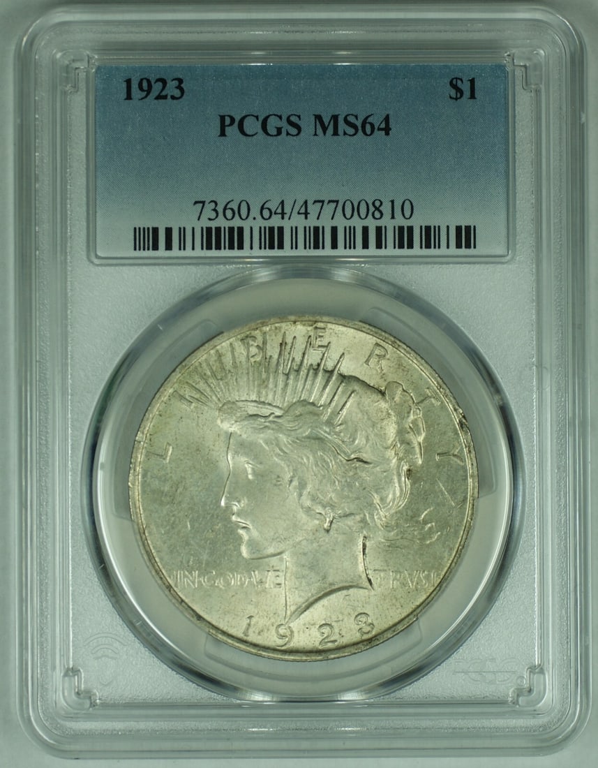 1923 Peace Dollar Silver Coin PCGS MS64 Light Toning United States: 1923 Peace Dollar Silver Coin PCGS MS64 Light Toning United States This 1923 Peace Silver Dollar is a lightly toned, uncirculated coin graded MS 64 and certified by PCGS. Featuring the classic Peace d