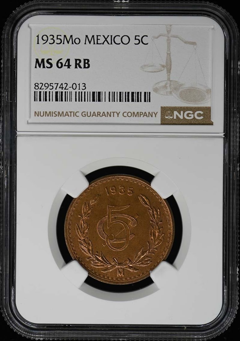 1935 Mexico 5C Centavos Coin NGC MS64RB Uncirculated: 1935 Mexico 5C Centavos Coin NGC MS64RB Uncirculated This 1935 Mexico 5 Centavos coin is graded MS64RB by NGC, indicating its uncirculated condition. It features a rich bronze finish, showcasing the i
