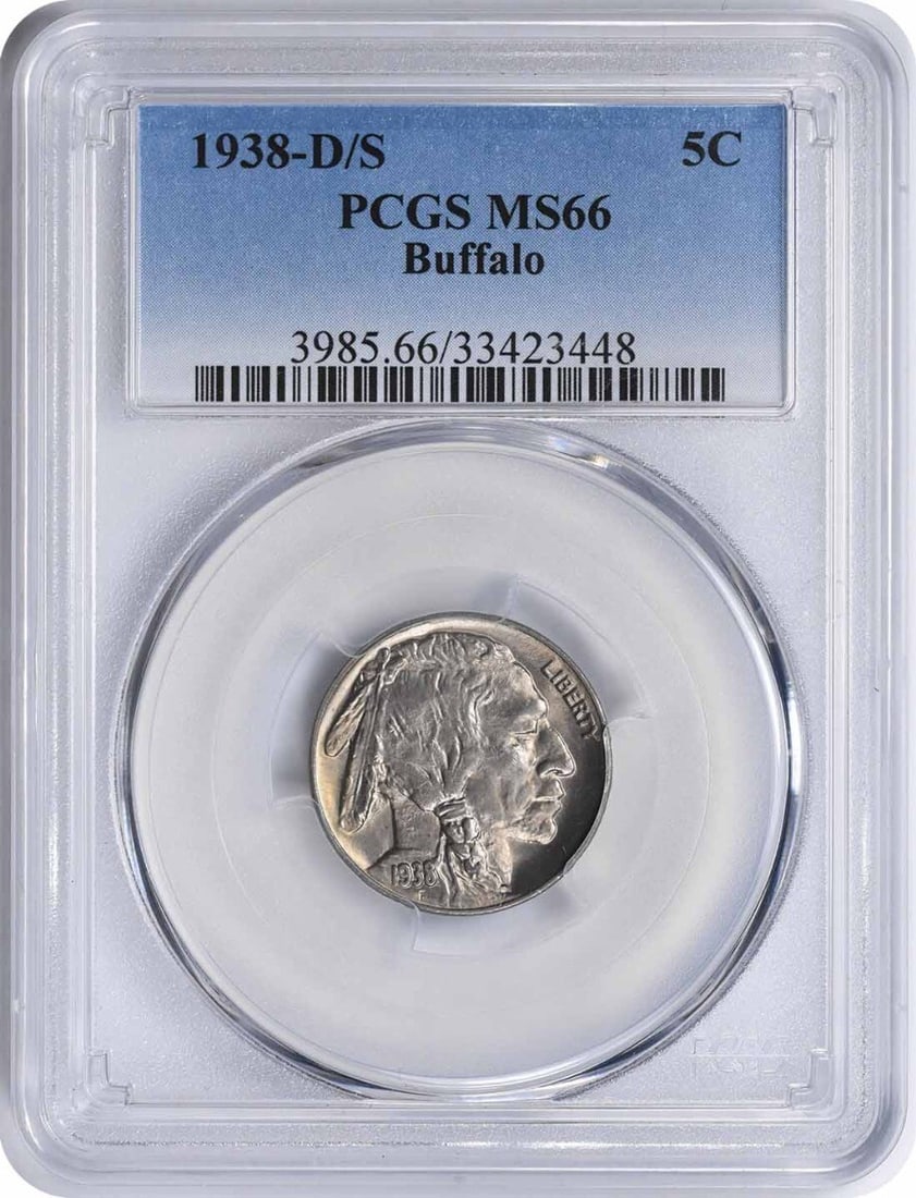 MS66 PCGS 1938-D/S Five Cent Buffalo Nickel Uncirculated: MS66 PCGS 1938-D/S Five Cent Buffalo Nickel Uncirculated This 1938-D/S Buffalo Nickel is an uncirculated coin graded MS66 by PCGS. Minted in the United States at the Denver Mint, it is composed of nic