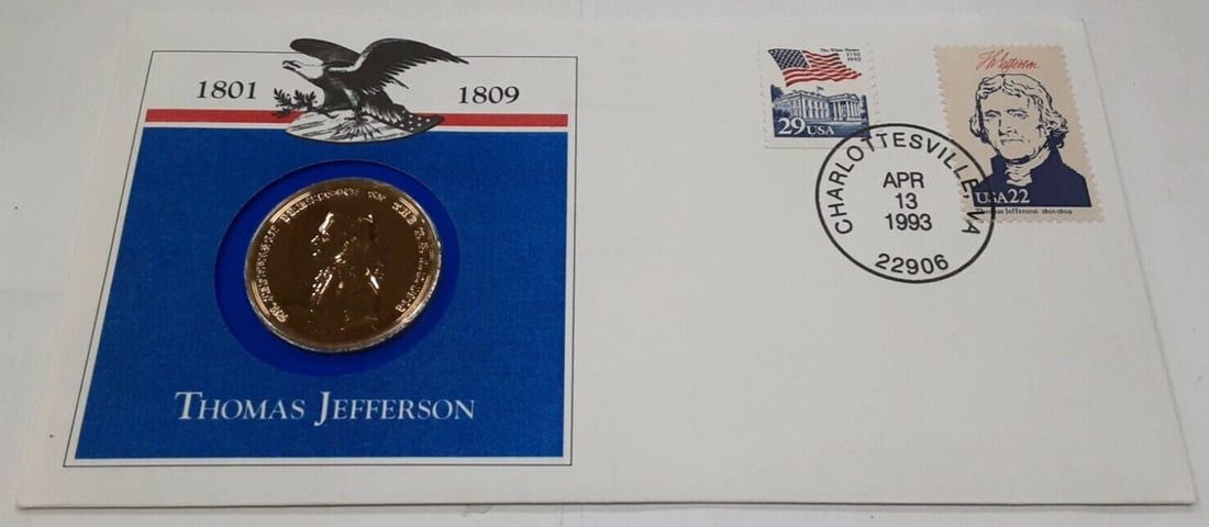 Bronze Thomas Jefferson Medal First Day Cover from Hail to The Chiefs Series: Bronze Thomas Jefferson Medal First Day Cover from Hail to The Chiefs Series This Thomas Jefferson Presidential Medal is presented in an uncirculated condition and comes in a First Day Cover. It is pa
