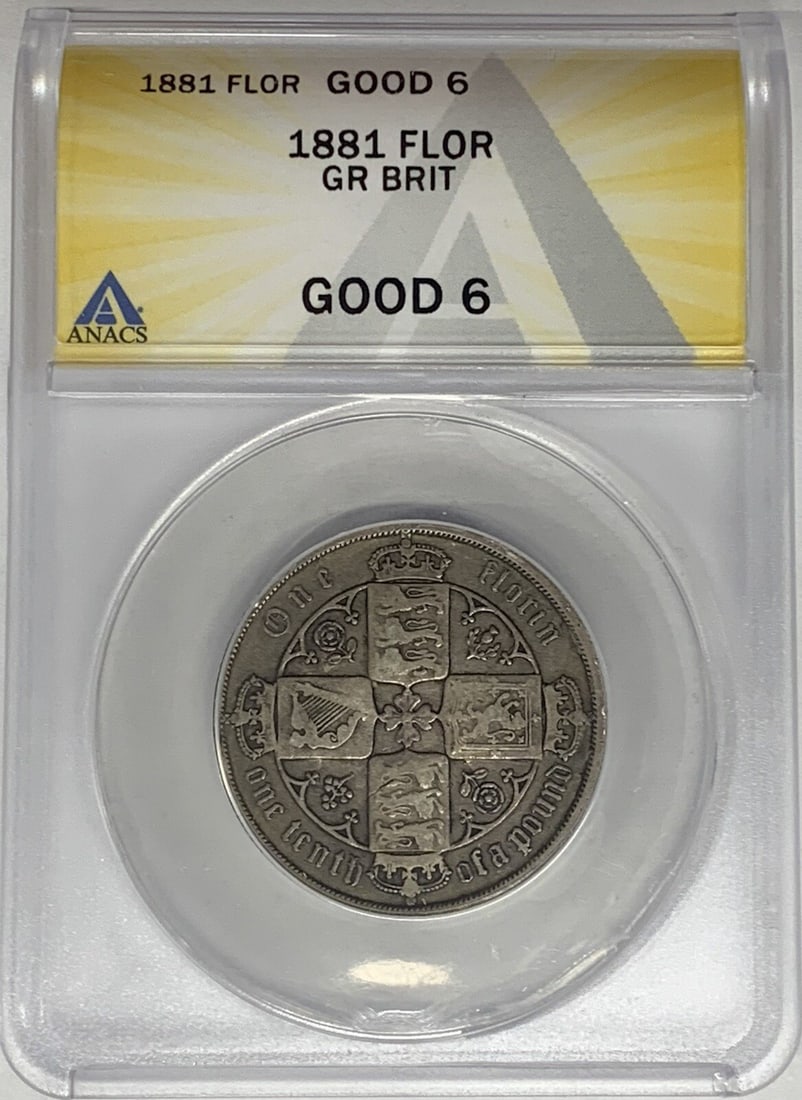 United Kingdom 1881 Two Shillings Florin ANACS G 6 Certified Coin: United Kingdom 1881 Two Shillings Florin ANACS G 6 Certified Coin This is an 1881 Great Britain Florin coin with a denomination of two shillings. The coin has been graded G 6 by ANACS and originates f