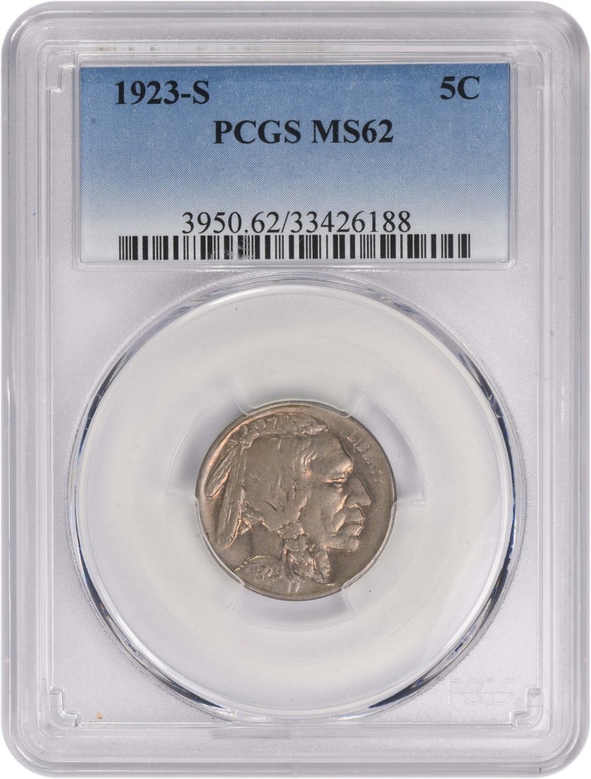 PCGS MS62 San Francisco 1923-S Buffalo Nickel Coin: PCGS MS62 San Francisco 1923-S Buffalo Nickel Coin This 1923-S Buffalo Nickel is certified by PCGS with a grade of MS62. Struck at the San Francisco Mint, this uncirculated coin features the classic B