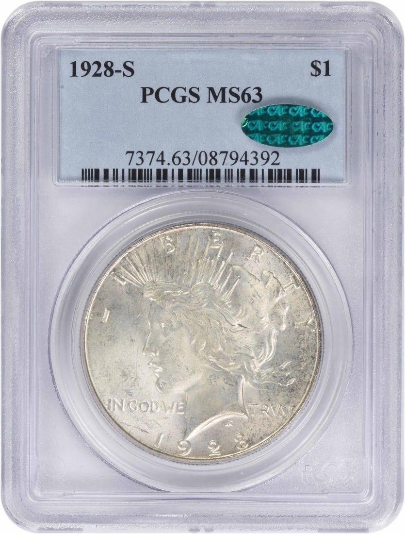 PCGS CAC MS63 1928-S Peace Dollar San Francisco Mint Silver Coin: PCGS CAC MS63 1928-S Peace Dollar San Francisco Mint Silver Coin This 1928-S Peace Silver Dollar is graded MS63 by PCGS and certified by CAC, indicating its high quality and collector appeal. Struck a