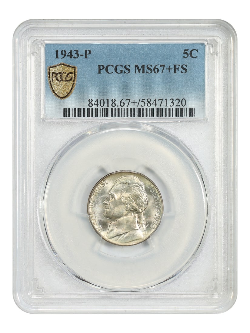 Jefferson Nickel 1943 Philadelphia PCGS MS67 Plus Full Steps: Jefferson Nickel 1943 Philadelphia PCGS MS67 Plus Full Steps This is a 1943-P Jefferson Nickel graded MS67+FS by PCGS. The coin is uncirculated, features the Full Steps designation, and was minted in 