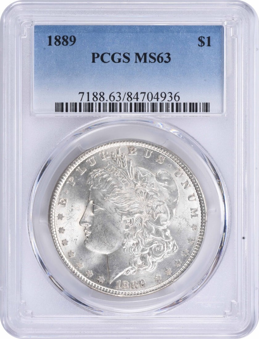 MS63 PCGS Certified 1889 Morgan Dollar Philadelphia Mint Silver Coin: MS63 PCGS Certified 1889 Morgan Dollar Philadelphia Mint Silver Coin This 1889 Morgan Silver Dollar was minted in Philadelphia and is graded MS63 by PCGS. The coin is composed of 90% silver and 10% co