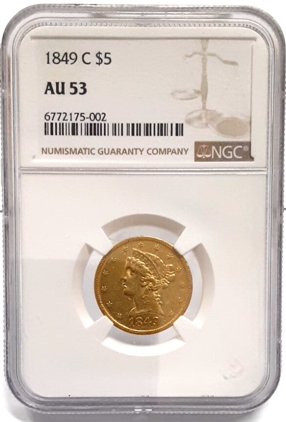 NGC AU-53 Liberty $5 Gold 1849-C Half Eagle Scarce Charlotte Mint Coin: NGC AU-53 Liberty $5 Gold 1849-C Half Eagle Scarce Charlotte Mint Coin This is an 1849-C Liberty $5 Half Eagle gold coin, graded AU-53 by NGC. Minted at the Charlotte Mint, this coin is composed of go