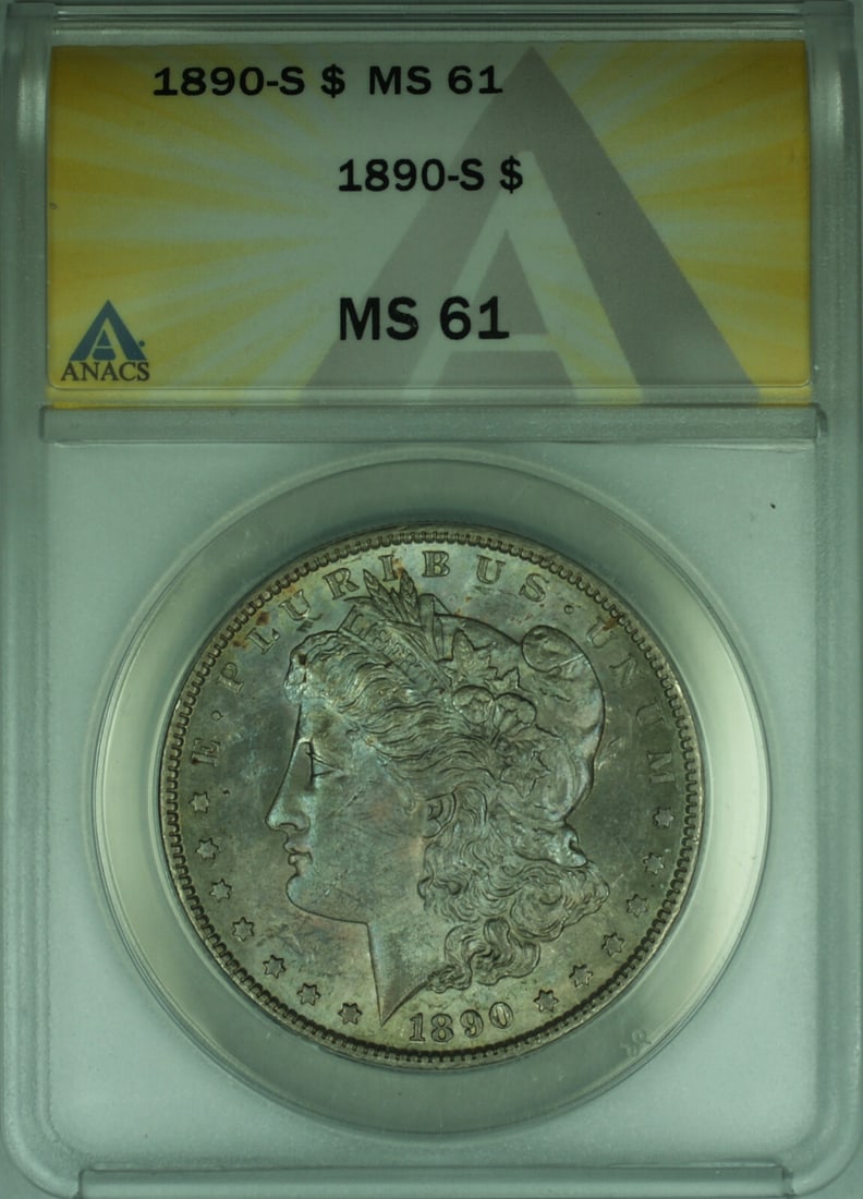 1890-S $1 Morgan Silver Dollar ANACS MS-61 Toned San Francisco Mint: 1890-S $1 Morgan Silver Dollar ANACS MS-61 Toned San Francisco Mint This 1890-S Morgan Silver Dollar is graded MS-61 by ANACS and features beautiful toning. Struck at the San Francisco Mint, this unci