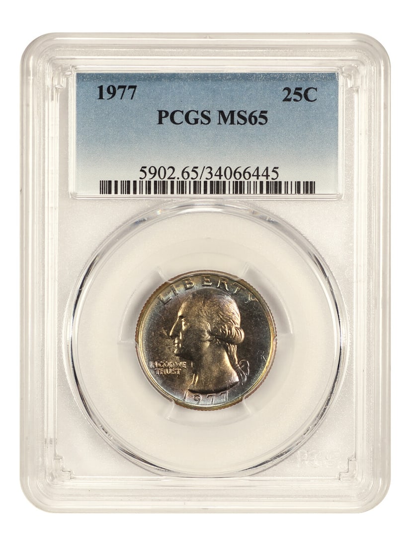 1977 Washington Quarter 25C PCGS MS65 Uncirculated Philadelphia Mint: 1977 Washington Quarter 25C PCGS MS65 Uncirculated Philadelphia Mint This 1977 Washington Quarter is graded MS65 by PCGS, indicating it is in uncirculated condition. It features a denomination of 25 c