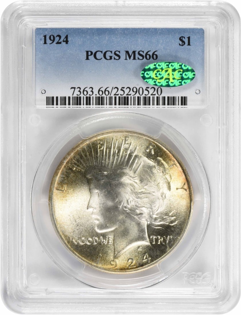 1924 Peace Silver Dollar MS66 PCGS CAC Uncirculated Coin: 1924 Peace Silver Dollar MS66 PCGS CAC Uncirculated Coin This 1924 Peace Silver Dollar is a remarkable piece of numismatic history, certified by PCGS and graded MS66. Struck in Philadelphia, this coin