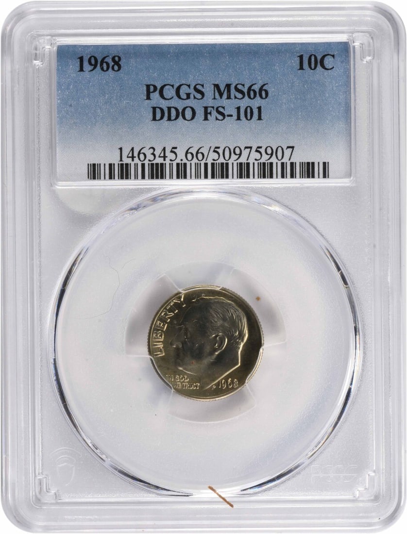 1968 Roosevelt Dime DDO FS-101 MS66 Certified by PCGS: 1968 Roosevelt Dime DDO FS-101 MS66 Certified by PCGS This stunning 1968 Roosevelt Dime is certified by PCGS with a grade of MS66, indicating it is in uncirculated condition. Struck at the Philadelphi