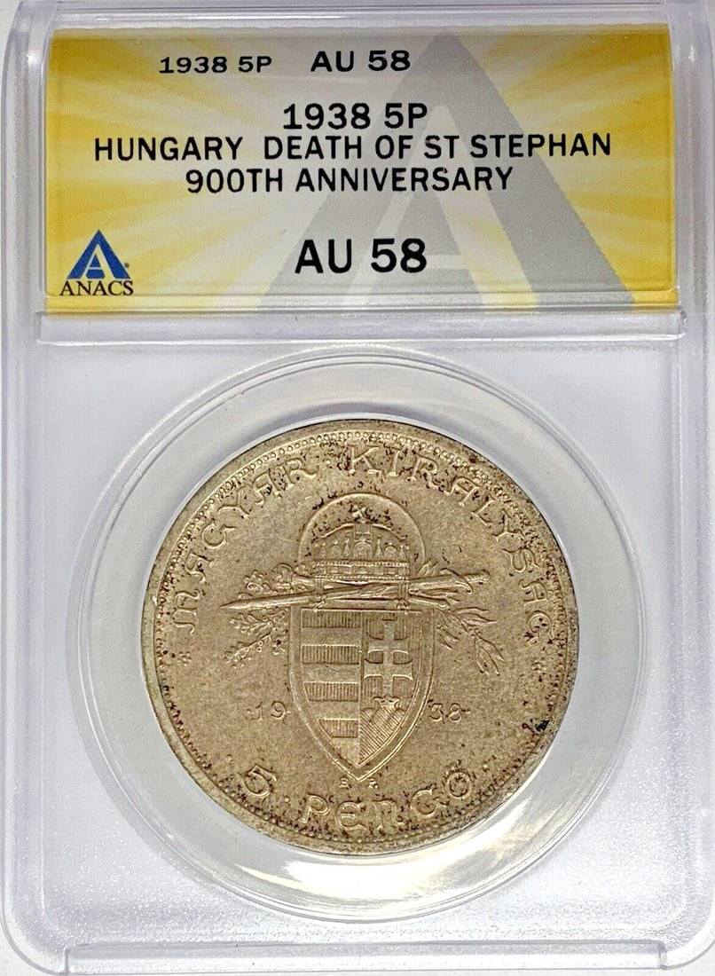 Silver 5 Pengo 1938 Hungary Coin ANACS AU 58 Certified: Silver 5 Pengo 1938 Hungary Coin ANACS AU 58 Certified This 1938 Hungary 5 Pengo coin is composed of silver and has been graded AU 58 by ANACS. The coin is circulated and comes from Hungary, offering 