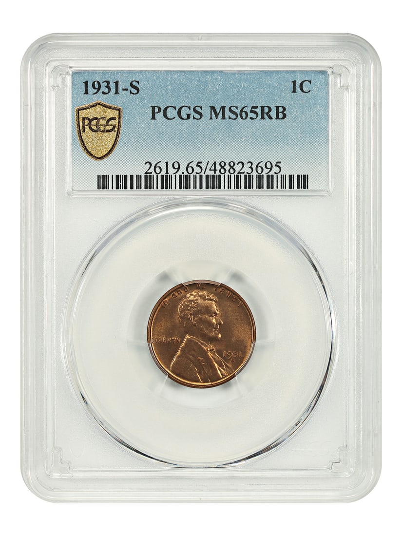 PCGS MS65RB 1931-S Lincoln Wheat Cent Key Date Red-Brown: PCGS MS65RB 1931-S Lincoln Wheat Cent Key Date Red-Brown This 1931-S Lincoln Cent (Wheat Reverse) is a key date for collectors and is graded MS65RB by PCGS. The coin is uncirculated, with a red-brown 