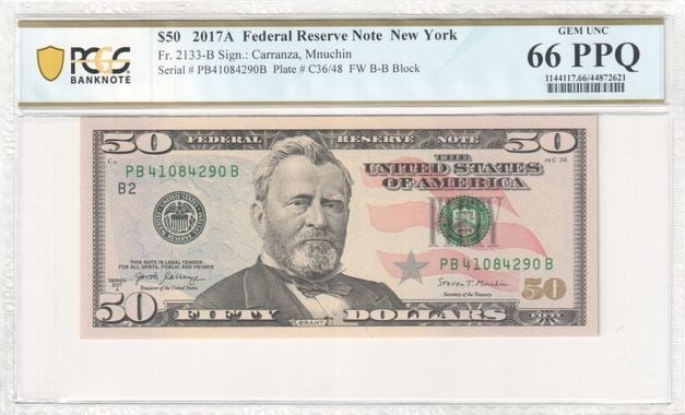 PCGS GEM 66 PPQ 2017A $50 New York Federal Reserve Note: PCGS GEM 66 PPQ 2017A $50 New York Federal Reserve Note This 2017A $50 Federal Reserve Note from New York is certified by PCGS Banknote with a GEM 66 PPQ grade. The note is uncirculated and originates