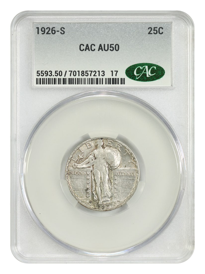1926 San Francisco Standing Liberty Quarter CACG AU50 Certified: 1926 San Francisco Standing Liberty Quarter CACG AU50 Certified This is a 1926-S Standing Liberty Quarter graded AU50 by CACG. The coin was minted in San Francisco, has a denomination of 25 cents, and