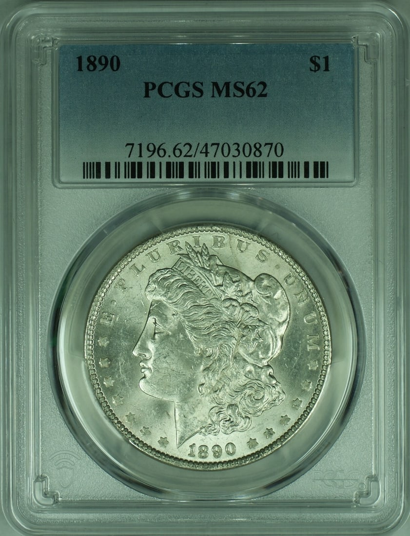 PCGS MS62 1890 Philadelphia Morgan Silver Dollar $1 Coin: PCGS MS62 1890 Philadelphia Morgan Silver Dollar $1 Coin This 1890 Morgan Silver Dollar coin is graded MS-62 by PCGS, indicating an uncirculated condition. Minted in Philadelphia, it is composed of 90