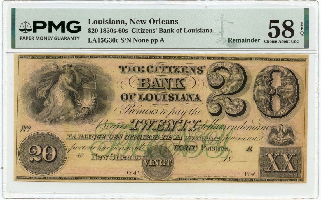Citizens Bank New Orleans $20 Obsolete Currency PMG AU58 EPQ: Citizens Bank New Orleans $20 Obsolete Currency PMG AU58 EPQ This is an 1850s-60s $20 obsolete note from Citizens Bank, New Orleans, Louisiana. The note is certified by PMG with a grade of AU58 EPQ. I
