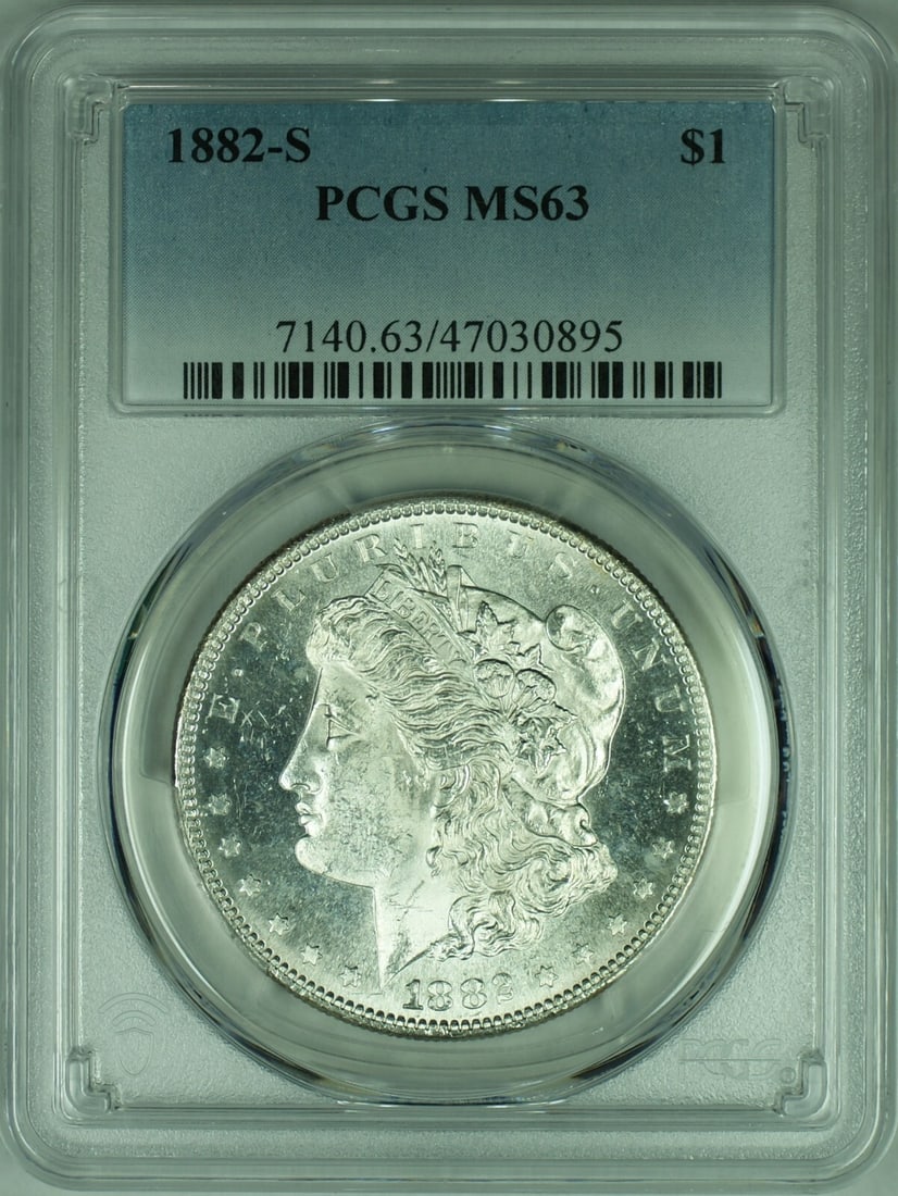 PCGS Certified 1882-S Morgan Dollar MS 63 San Francisco Mint Silver Coin: PCGS Certified 1882-S Morgan Dollar MS 63 San Francisco Mint Silver Coin This is an 1882-S Morgan Silver Dollar coin graded MS-63 by PCGS. The coin is uncirculated and minted in San Francisco. It is c