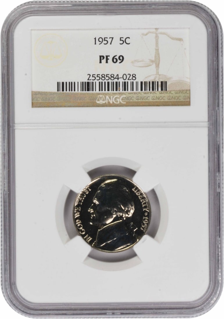 NGC PR69 1957 Jefferson Nickel Proof Coin from Philadelphia Mint: NGC PR69 1957 Jefferson Nickel Proof Coin from Philadelphia Mint This is a 1957 Jefferson Nickel struck at the Philadelphia Mint, certified by NGC with a grade of PR69. Made from an alloy of 75% coppe