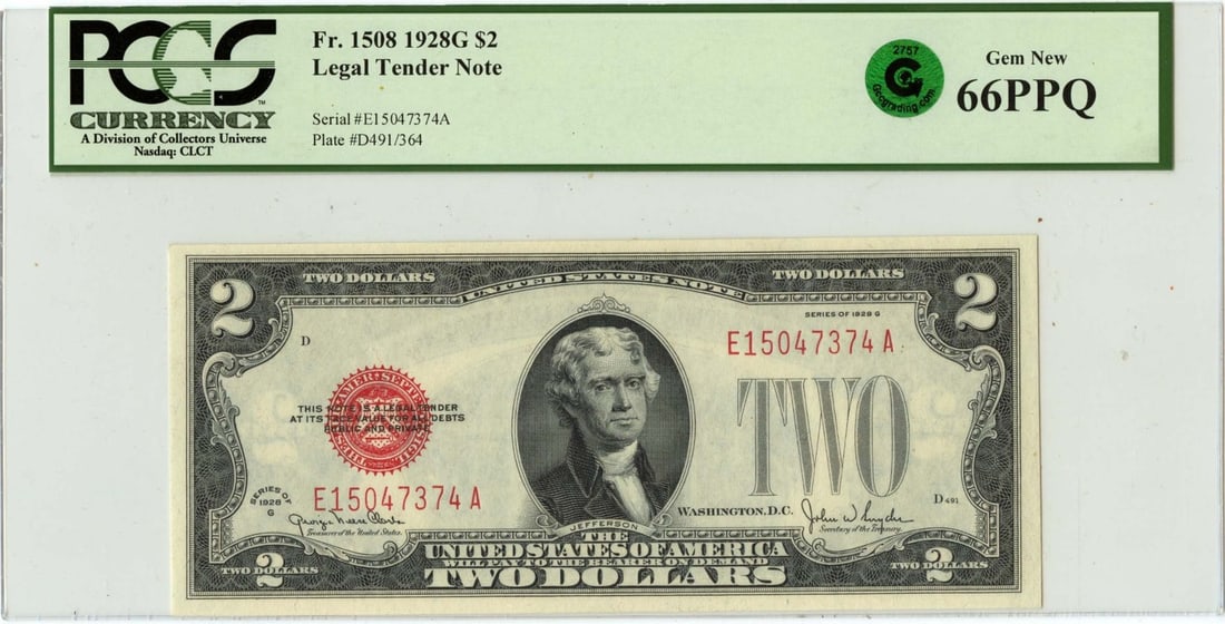 1928 $2 United States Legal Tender Note PCGS GEM 66 EPQ: 1928 $2 United States Legal Tender Note PCGS GEM 66 EPQ This 1928 $2 Legal Tender Note from the United States is graded MS65 and certified by PCGS Currency. It is an uncirculated note and comes with t