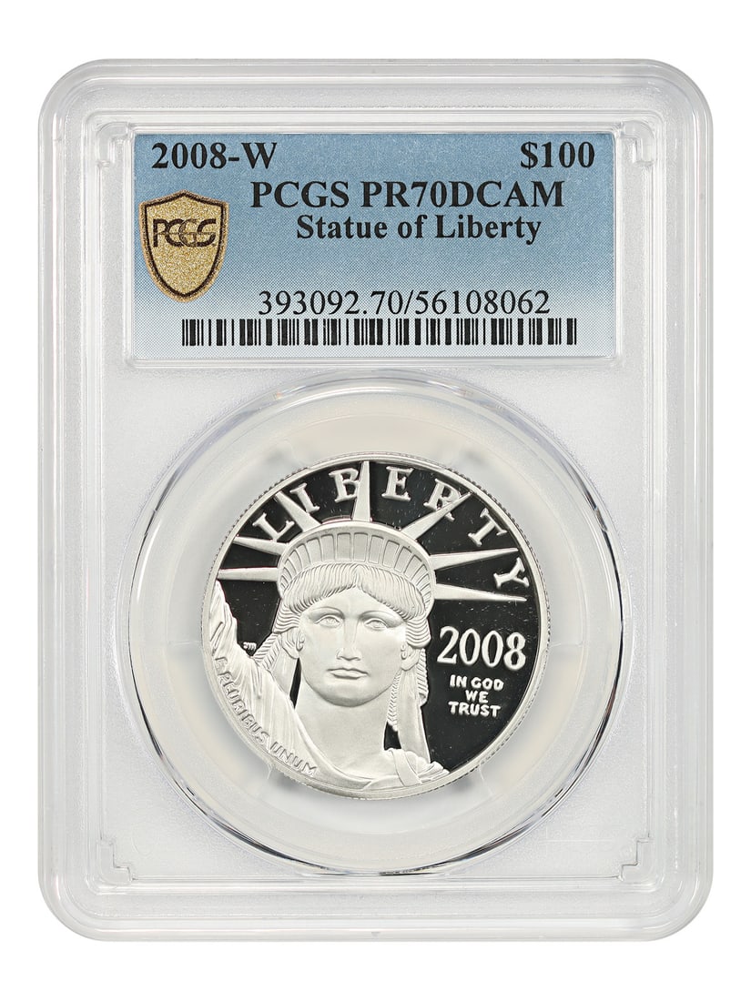 PCGS PR70DCAM 2008-W $100 Platinum Eagle Statue of Liberty Coin: PCGS PR70DCAM 2008-W $100 Platinum Eagle Statue of Liberty Coin This 2008-W $100 Platinum Eagle features the iconic Statue of Liberty design and is certified by PCGS as PR70DCAM, indicating a perfect 