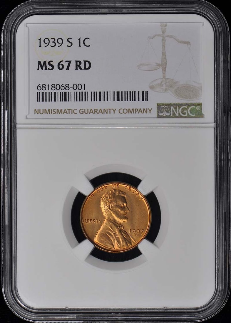 1939-S Lincoln Cent NGC MS67RD Uncirculated San Francisco Coin: 1939-S Lincoln Cent NGC MS67RD Uncirculated San Francisco Coin This 1939-S Wheat Reverse Lincoln Cent is a stunning example of numismatic artistry, graded MS67RD by NGC. Minted in San Francisco, this 