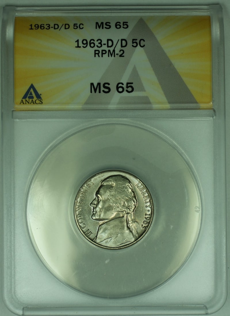 Uncirculated 1963-D/D 5 Cent Jefferson Nickel Graded MS 65 by ANACS: Uncirculated 1963-D/D 5 Cent Jefferson Nickel Graded MS 65 by ANACS This is a 1963-D/D Jefferson Nickel with a denomination of 5 cents from the United States. The coin is uncirculated and has been gra