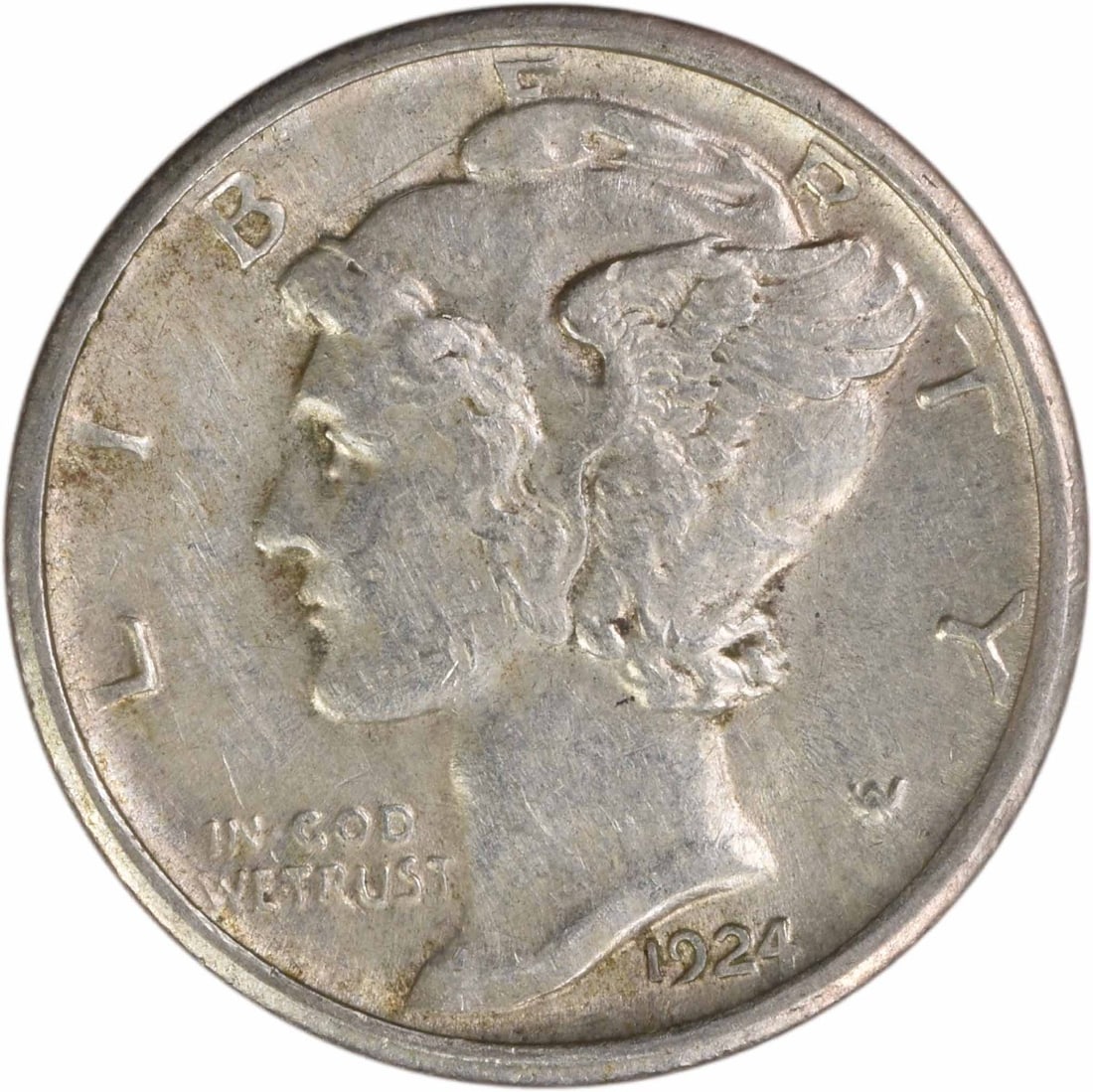 1924 San Francisco Mercury Dime 90 Percent Silver AU Grade Uncertified: 1924 San Francisco Mercury Dime 90 Percent Silver AU Grade Uncertified This is a 1924-S Mercury Dime from the San Francisco Mint. The coin is composed of 90% silver and 10% copper, with a diameter of 