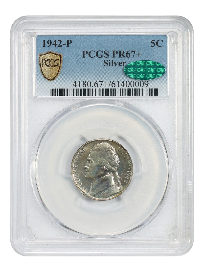 1942 Philadelphia Jefferson Nickel Silver Proof PCGS CAC PR67 Plus: 1942 Philadelphia Jefferson Nickel Silver Proof PCGS CAC PR67 Plus This is a 1942-P Jefferson Nickel War Nickel, struck in silver and graded PR67+ by PCGS with CAC approval. This proof coin was minted
