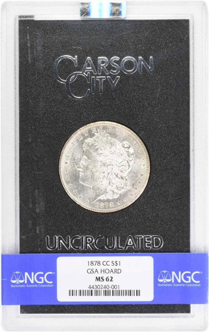 NGC MS62 GSA Carson City 1878 Morgan Dollar 90 Percent Silver: NGC MS62 GSA Carson City 1878 Morgan Dollar 90 Percent Silver This 1878-CC Morgan Silver Dollar is graded MS62 by NGC and comes in a GSA holder. Minted in Carson City, it features a composition of 90%