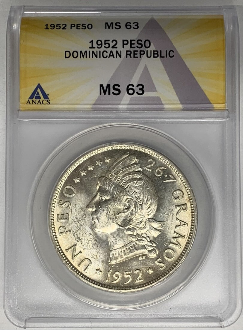 1952 Silver Peso from Dominican Republic ANACS MS 63 Certified Coin: 1952 Silver Peso from Dominican Republic ANACS MS 63 Certified Coin This 1952 Dominican Republic Peso coin is certified by ANACS with a grade of MS 63. The coin is uncirculated and composed of silver,
