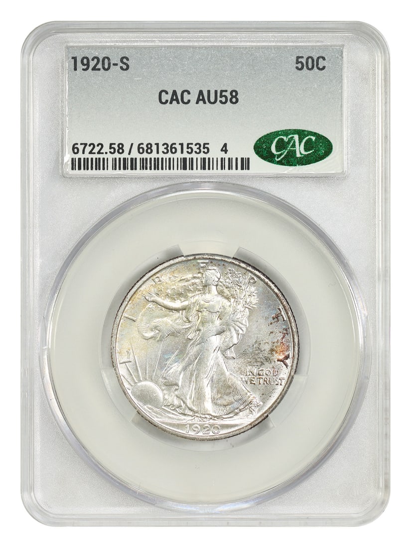 CACG Certified 1920 San Francisco Walking Liberty Half Dollar AU58: CACG Certified 1920 San Francisco Walking Liberty Half Dollar AU58 This 1920-S Walking Liberty Half Dollar is a scarce date coin certified by CACG with a grade of AU58. It features original luster and