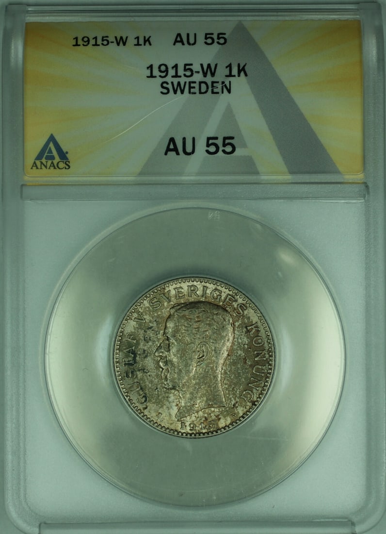 Sweden 1915 1 Krona Silver ANACS AU-55 Graded Coin: Sweden 1915 1 Krona Silver ANACS AU-55 Graded Coin This 1915-W Sweden 1 Krona coin is composed of silver with a fineness of 0.8. Certified by ANACS with a grade of AU-55, it is a circulated coin from 