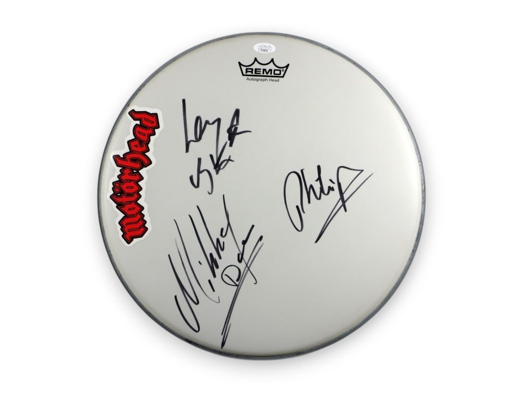 Motorhead Autographed 14 Drumhead Lemmy Mikkey Phil JSA Certified: Motorhead Autographed 14 Drumhead Lemmy Mikkey Phil JSA Certified This authentic 14" drumhead is a must-have for any Motorhead fan, featuring the signatures of legendary band members Lemmy Kilmister, 