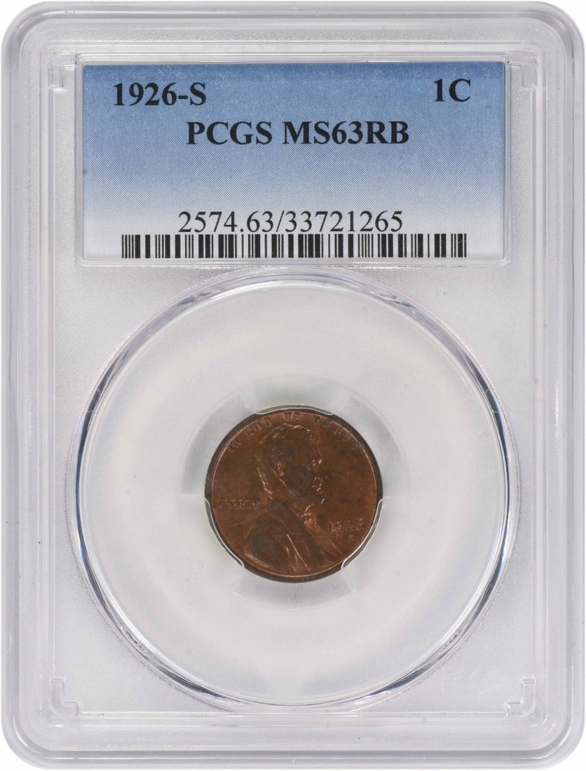 MS63RB 1926 San Francisco Lincoln Wheat Cent Certified by PCGS: MS63RB 1926 San Francisco Lincoln Wheat Cent Certified by PCGS This 1926-S Lincoln Wheat Cent is graded MS63RB by PCGS, indicating a choice uncirculated condition. Struck at the San Francisco Mint, th