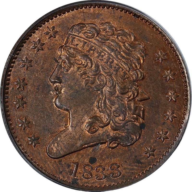 PCGS MS63 RB 1833 Classic Head Half Cent C-1 R.1 Copper Coin: PCGS MS63 RB 1833 Classic Head Half Cent C-1 R.1 Copper Coin This 1833 Classic Head Half Cent is certified by PCGS with a grade of MS63 RB and features the C-1 R.1 variety. The coin is composed of cop