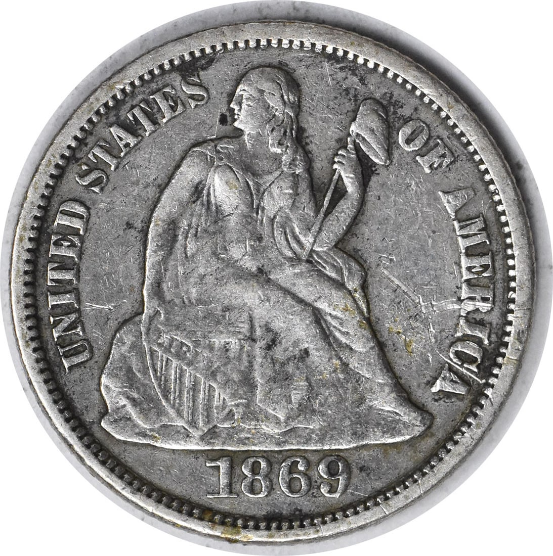 1869-S Liberty Seated Silver Dime 10C Uncertified San Francisco: 1869-S Liberty Seated Silver Dime 10C Uncertified San Francisco This 1869-S Liberty Seated Silver Dime is a beautiful piece of numismatic history. With its striking design by Christian Gobrecht, this 