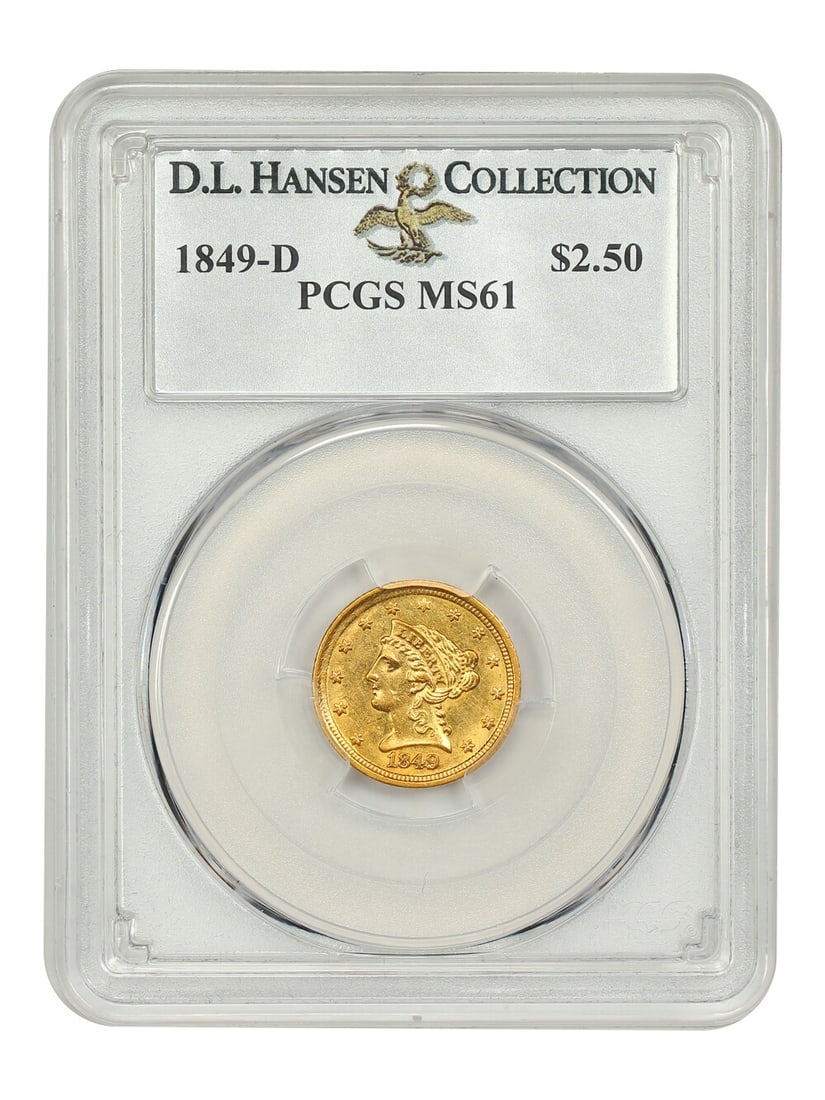 1849-D Liberty Head Gold Coin $2.50 PCGS MS61 Rare High Date: 1849-D Liberty Head Gold Coin $2.50 PCGS MS61 Rare High Date This stunning 1849-D Liberty Head $2.50 gold coin is certified by PCGS with a grade of MS61, making it a remarkable addition for collectors