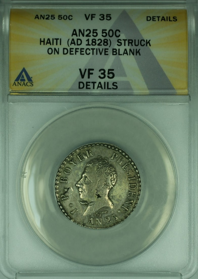 Haiti 1828 50 Centimes Silver ANACS VF-35 Struck on Defective Blank: Haiti 1828 50 Centimes Silver ANACS VF-35 Struck on Defective Blank This 1828 Haiti 50 Centimes silver coin is graded VF-35 Details by ANACS. The coin is struck on a defective blank and is classified 