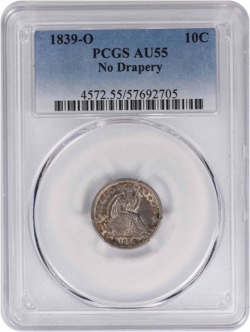 PCGS AU55 1839-O Seated Liberty Dime No Drapery New Orleans Mint: PCGS AU55 1839-O Seated Liberty Dime No Drapery New Orleans Mint This 1839-O Liberty Seated Silver Dime features the No Drapery design and was struck at the New Orleans Mint. Graded AU55 by PCGS, this