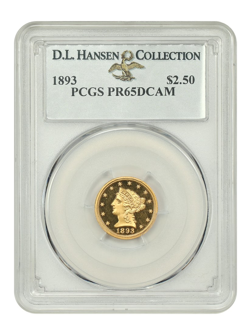 1893 $2.50 Liberty Head Gold Coin PCGS PR65DCAM Limited Mintage: 1893 $2.50 Liberty Head Gold Coin PCGS PR65DCAM Limited Mintage This 1893 Liberty Head $2.50 gold coin is graded PR65DCAM by PCGS, showcasing exceptional quality and detail. With a mintage of only 106