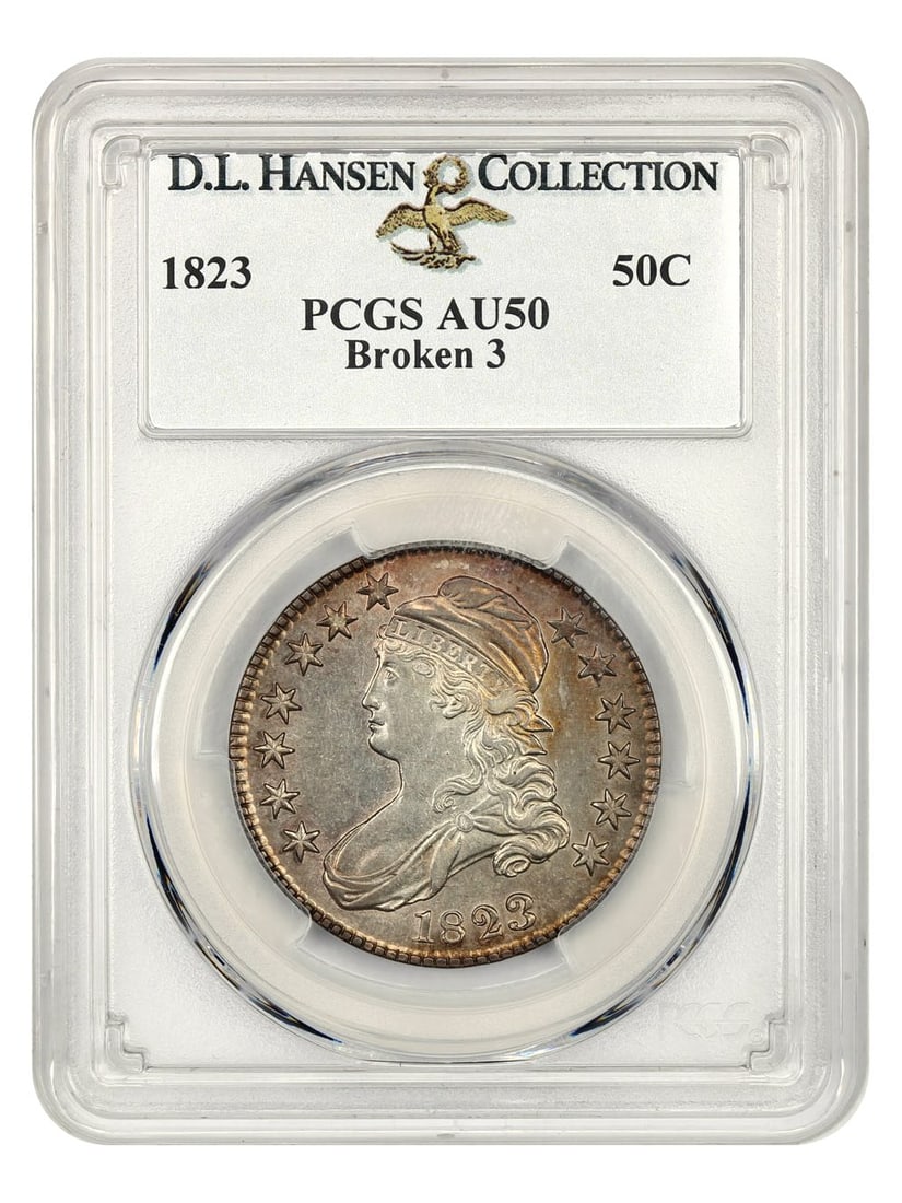 1823 Capped Bust Half Dollar PCGS AU50 D.L. Hansen Collection: 1823 Capped Bust Half Dollar PCGS AU50 D.L. Hansen Collection This 1823 Capped Bust Half Dollar, graded AU50 by PCGS, showcases a well-detailed design with smooth surfaces exhibiting appreciable mint 